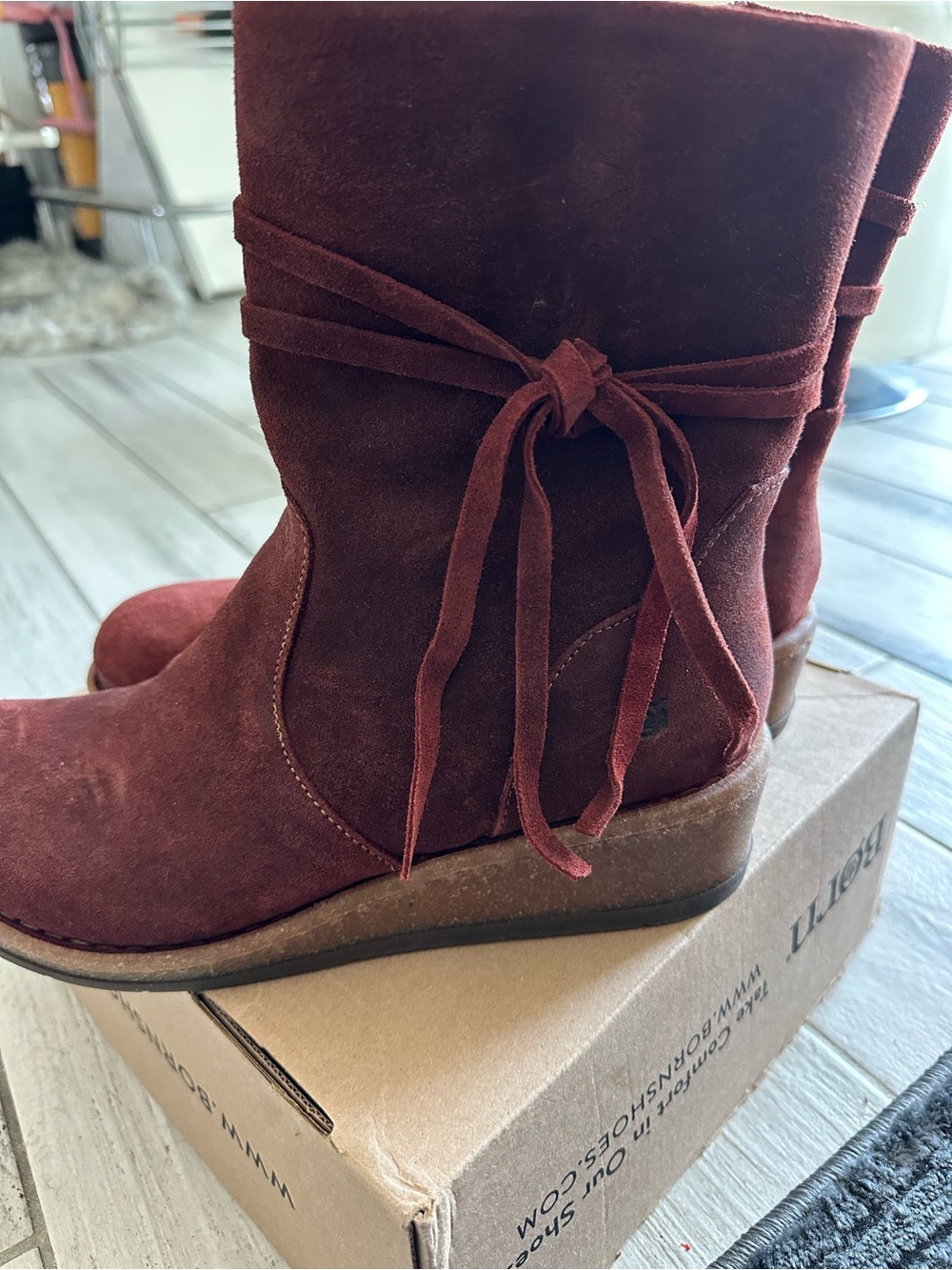 Born Burgundy Suede Wedge Ankle Boots with Wrap Tie